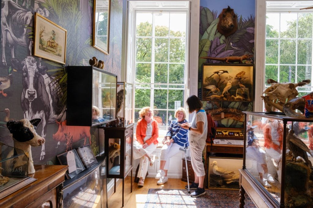 Three guests chatting in the Animals of Dublin room in the Little Museum