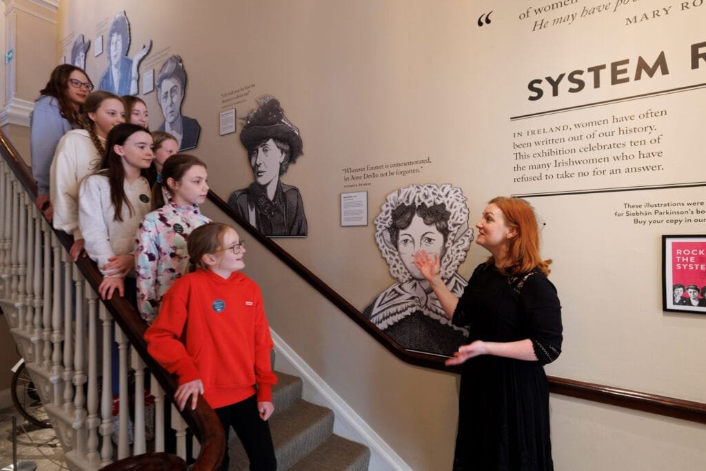 Students learning some interesting facts about some important Irish women in the Systems Rockers exhibition in the Little Museum