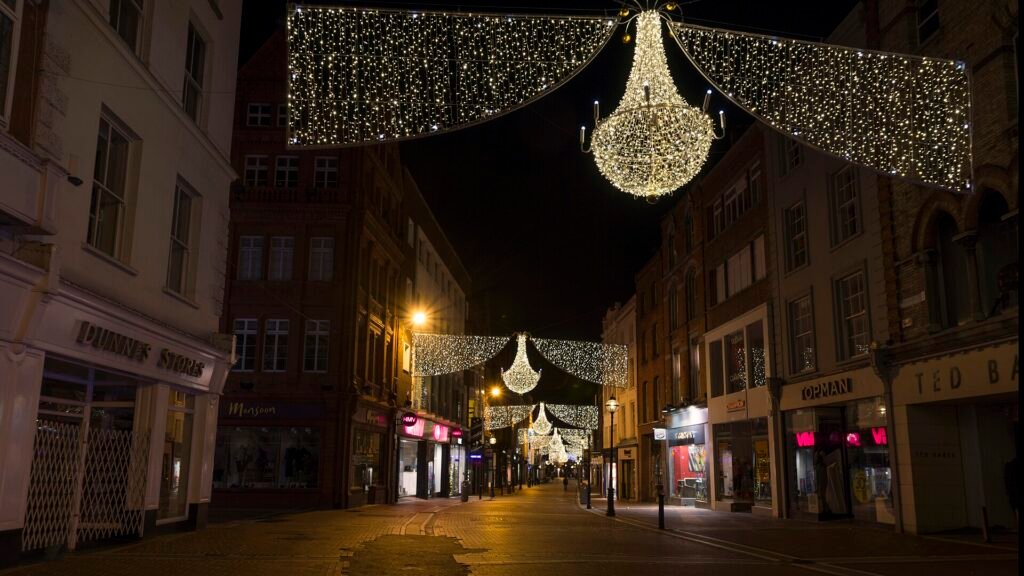 Christmas chandelier lights hanging over Grafton Street at night, a familiar sight in Dublin in November
