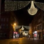 Christmas chandelier lights hanging over Grafton Street at night, a familiar sight in Dublin in November