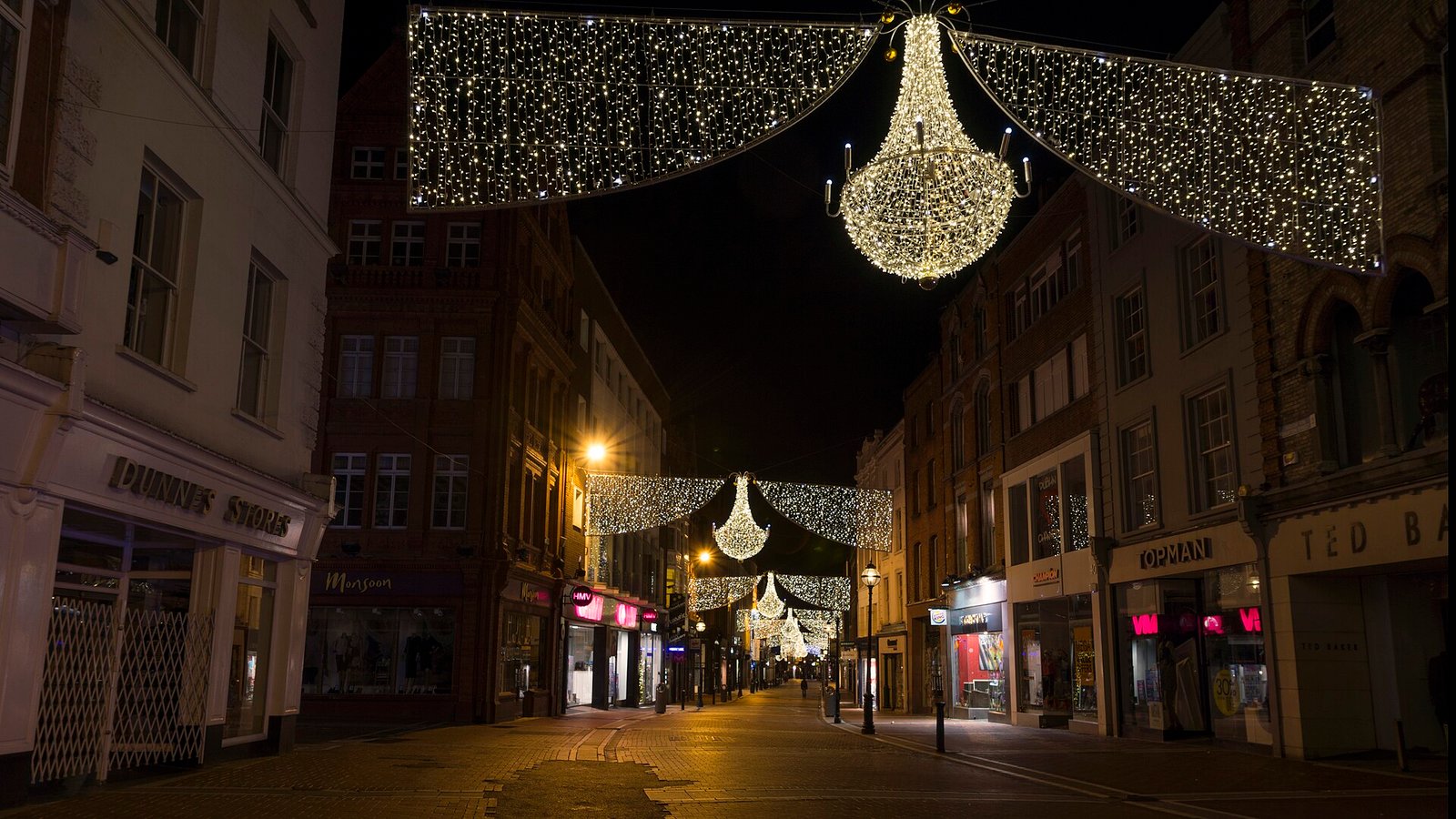 Christmas chandelier lights hanging over Grafton Street at night, a familiar sight in Dublin in November