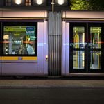 A Luas tram stopped at O'Connell Upper at night, a handy option for getting around Dublin